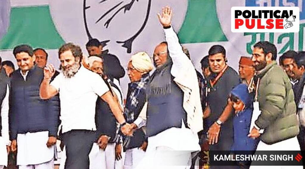 Congress president Mallikarjun Kharge and Rahul Gandhi during Bharat Jodo Yatra in Panipat on Friday. (Express Photo by Kamleshwar Singh)