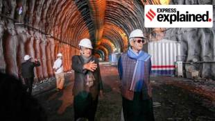 Union Minister for Road Transport & Highways Nitin Gadkari with J&K Lt. Governor Manoj Sinha inspects the construction work of Zojila Tunnel in the Baltal area on April 10. (PTI Photo)